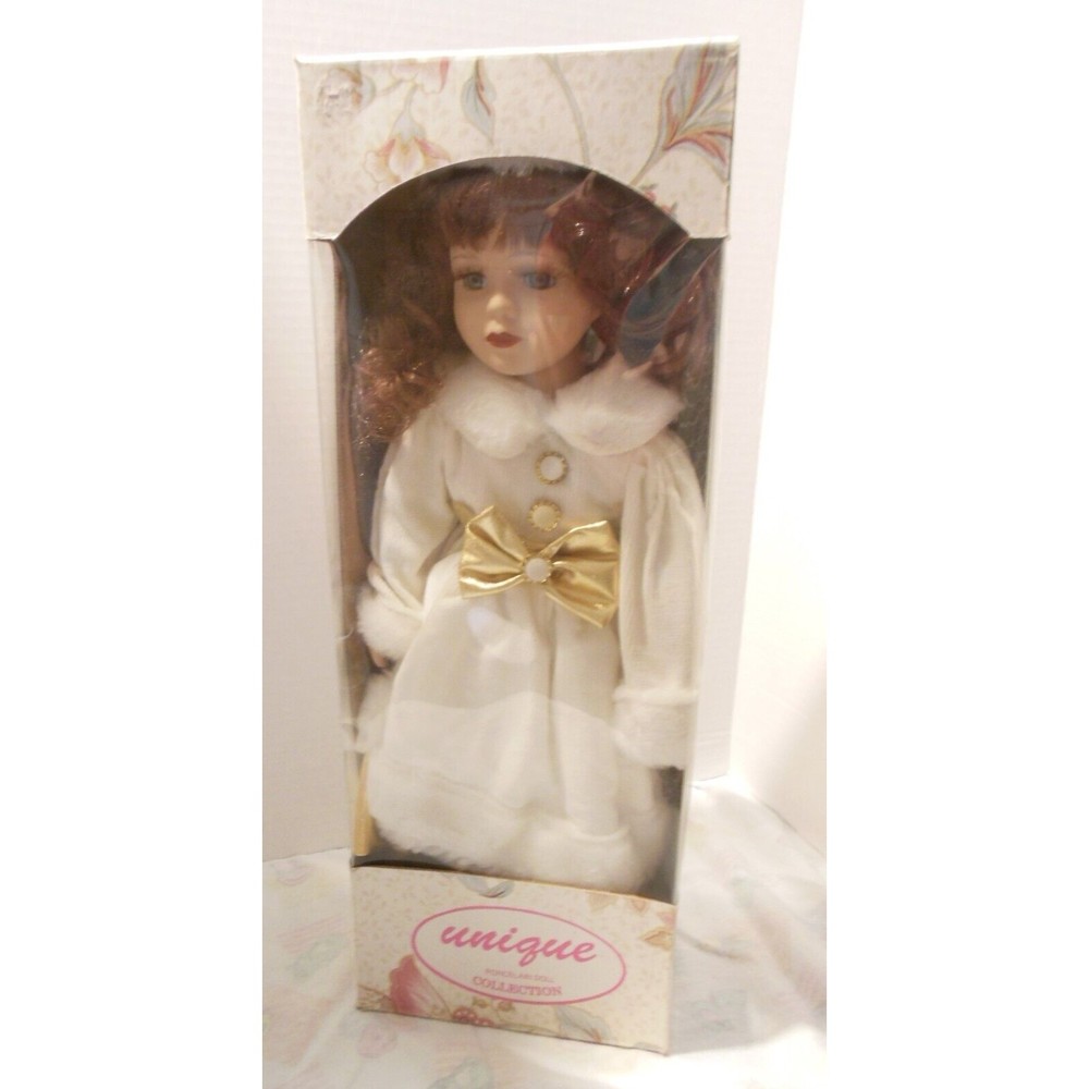 Porcelain Doll White Faux Fur Trimmed Coat & Hat Satin Skirt Boots 16” Vintage